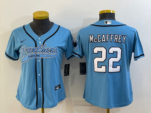 Women's Carolina Panthers #22 Christian McCaffrey Blue With Patch Cool Base Stitched Baseball Jersey(Run Small)